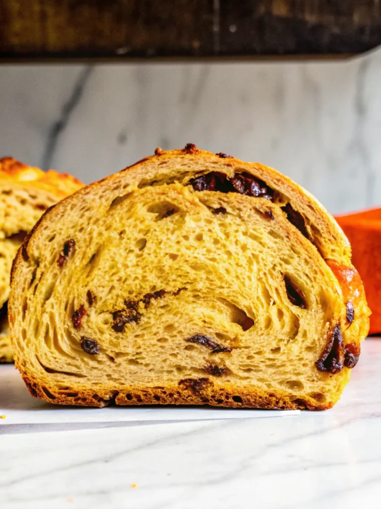 Golden pumpkin sourdough bread loaf with cranberries and pumpkin pie spice, sliced on wooden cutting board showing orange-colored crumb structure