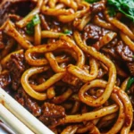 Quick and flavorful beef black pepper udon noodles with tender beef slices and crisp vegetables in glossy black pepper sauce served in white bowl