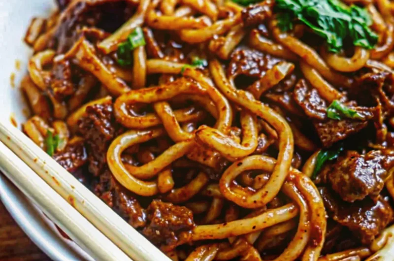Quick and flavorful beef black pepper udon noodles with tender beef slices and crisp vegetables in glossy black pepper sauce served in white bowl