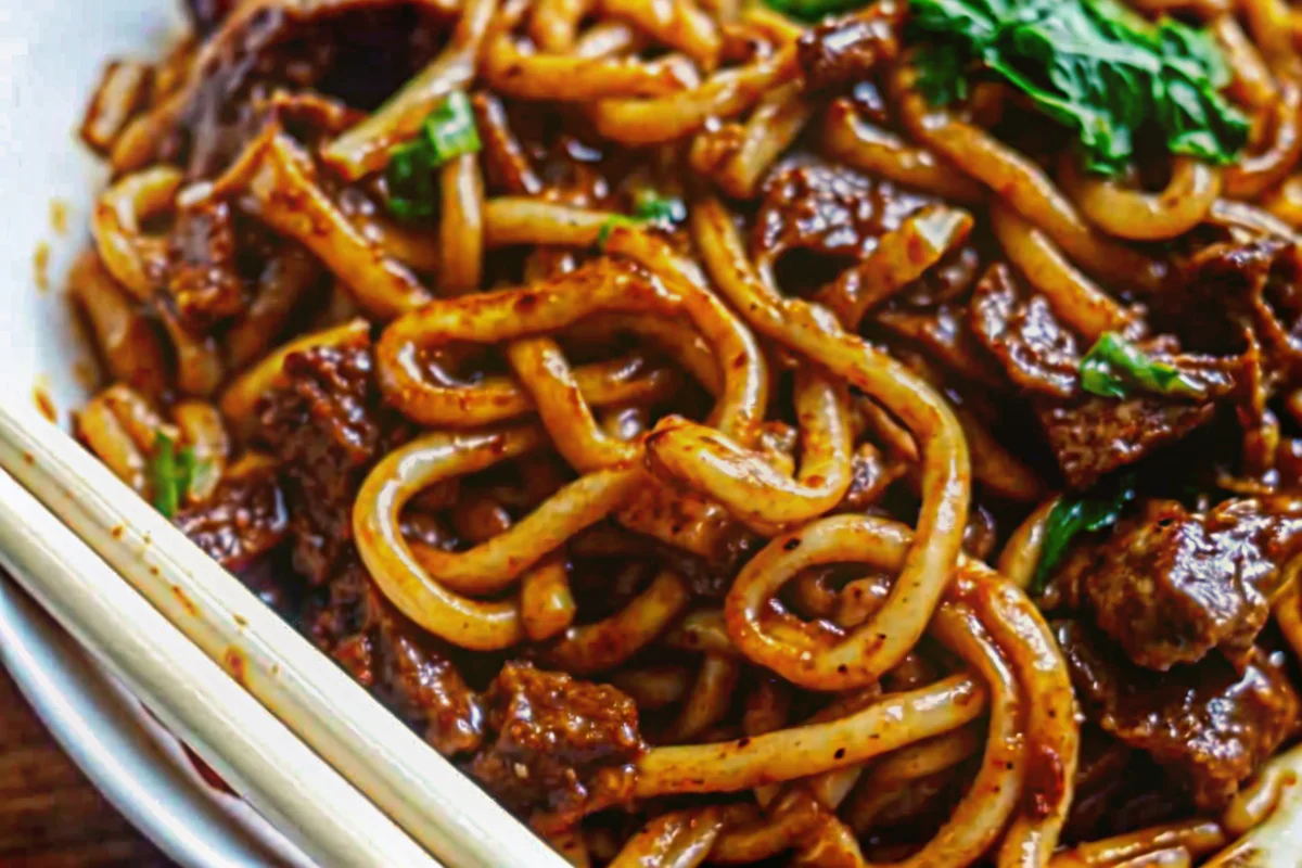Quick and flavorful beef black pepper udon noodles with tender beef slices and crisp vegetables in glossy black pepper sauce served in white bowl