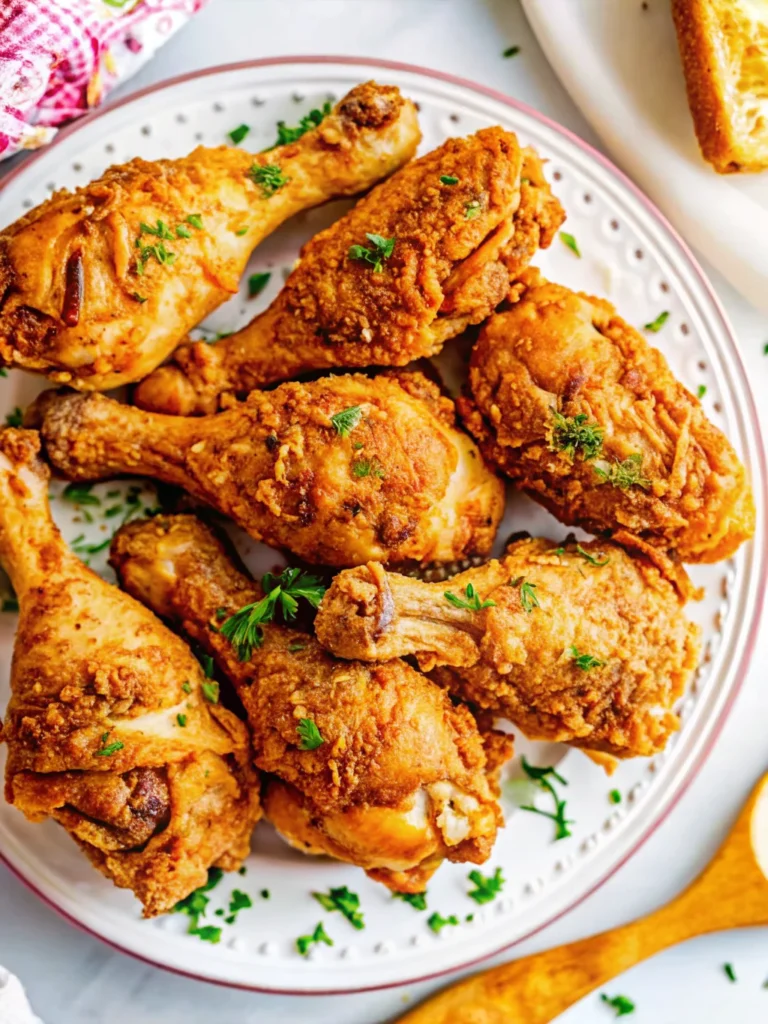 Golden crispy air fryer chicken drumsticks with herbs and seasonings on white plate