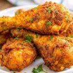 Golden crispy air fryer chicken drumsticks with herbs and seasonings on white plate