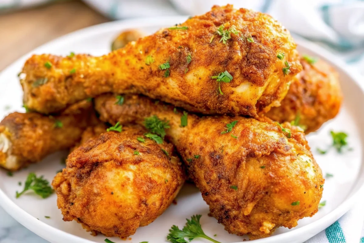 Golden crispy air fryer chicken drumsticks with herbs and seasonings on white plate