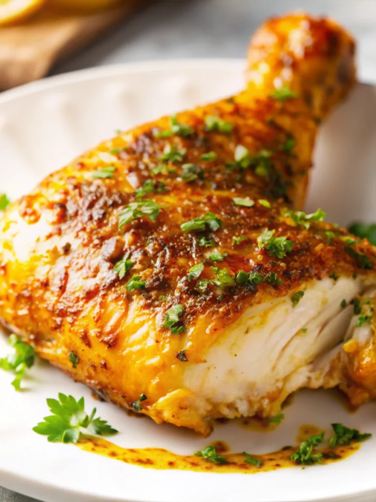 Crispy golden air fryer chicken leg quarters with herbs and seasoning on white plate, showing perfectly cooked chicken drumsticks air frye technique results