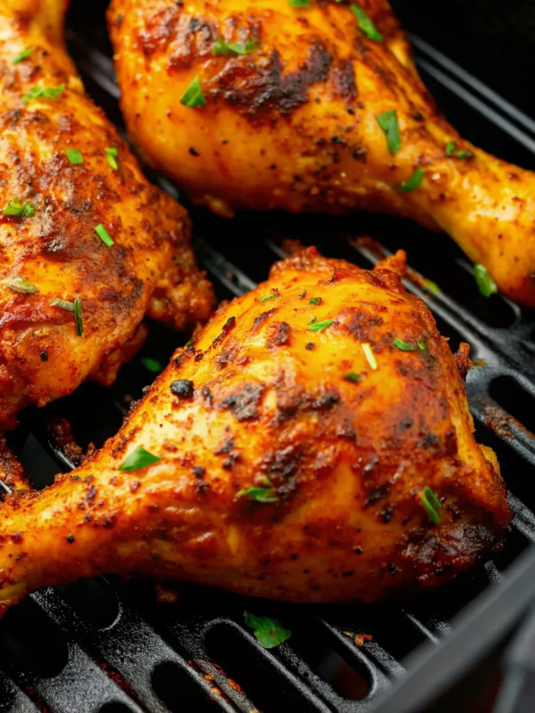 Crispy golden air fryer chicken leg quarters with herbs and seasoning on white plate, showing perfectly cooked chicken drumsticks air frye technique results
