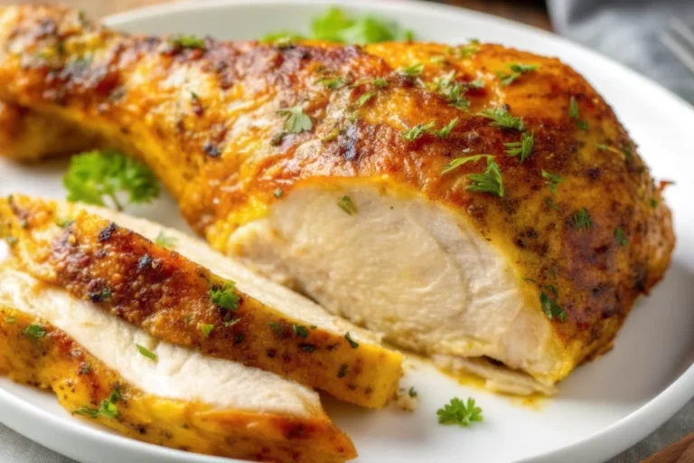 Crispy golden air fryer chicken leg quarters with herbs and seasoning on white plate, showing perfectly cooked chicken drumsticks air frye technique results