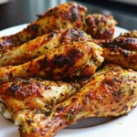 Golden crispy air fryer chicken drumsticks seasoned with herbs and spices, arranged on a white plate with fresh herbs garnish, showing perfectly cooked juicy meat with crispy skin texture
