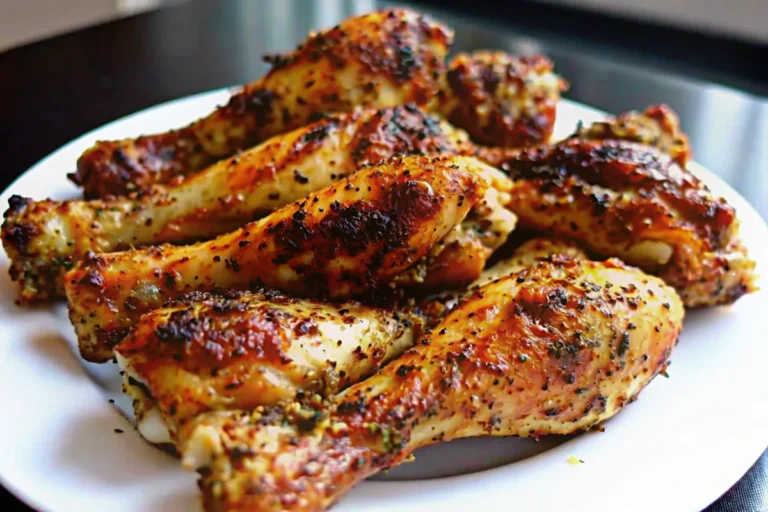 Golden crispy air fryer chicken drumsticks seasoned with herbs and spices, arranged on a white plate with fresh herbs garnish, showing perfectly cooked juicy meat with crispy skin texture
