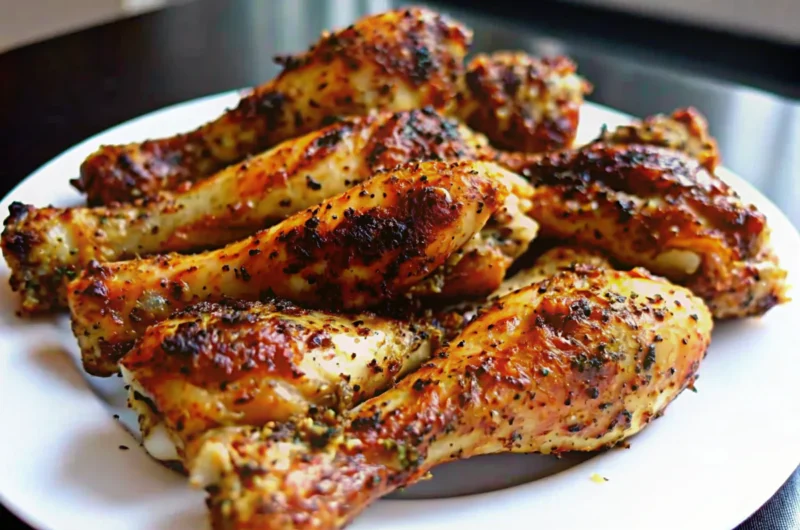 Golden crispy air fryer chicken drumsticks seasoned with herbs and spices, arranged on a white plate with fresh herbs garnish, showing perfectly cooked juicy meat with crispy skin texture