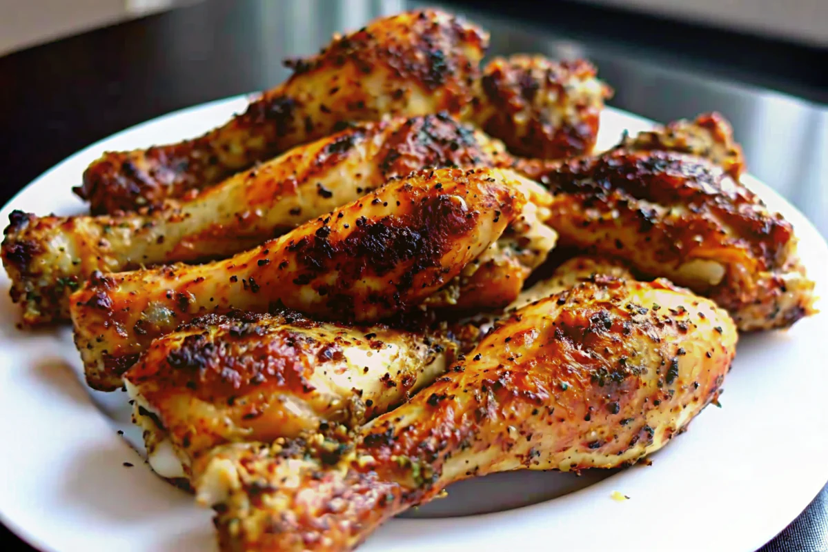 Golden crispy air fryer chicken drumsticks seasoned with herbs and spices, arranged on a white plate with fresh herbs garnish, showing perfectly cooked juicy meat with crispy skin texture