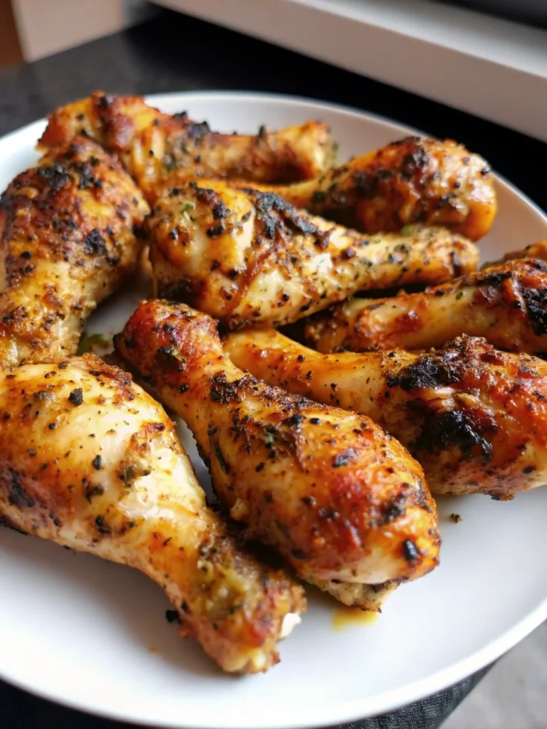 Golden crispy air fryer chicken drumsticks seasoned with herbs and spices, arranged on a white plate with fresh herbs garnish, showing perfectly cooked juicy meat with crispy skin texture