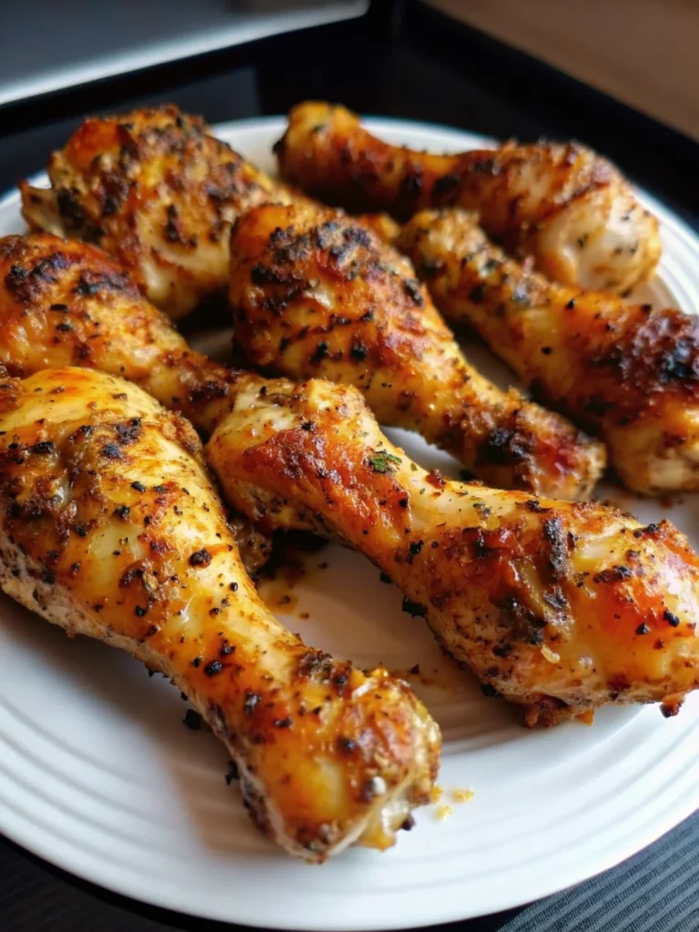 Golden crispy air fryer chicken drumsticks seasoned with herbs and spices, arranged on a white plate with fresh herbs garnish, showing perfectly cooked juicy meat with crispy skin texture