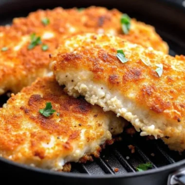 Golden crispy air fryer Parmesan crusted chicken breasts with melted cheese coating on white plate, garnished with fresh herbs, showing juicy interior when sliced