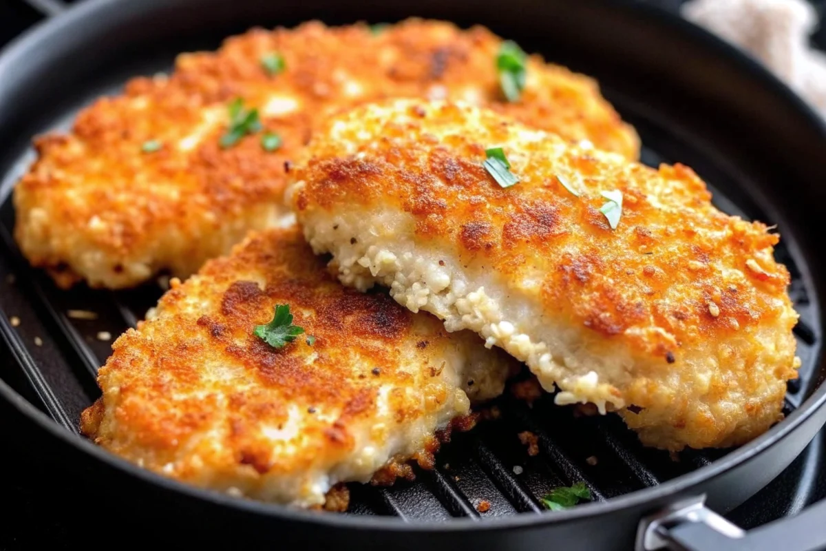 Golden crispy air fryer Parmesan crusted chicken breasts with melted cheese coating on white plate, garnished with fresh herbs, showing juicy interior when sliced