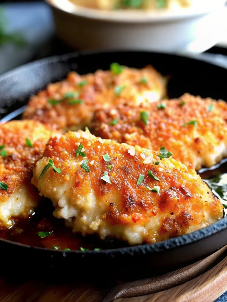 Golden crispy air fryer Parmesan crusted chicken breasts with melted cheese coating on white plate, garnished with fresh herbs, showing juicy interior when sliced