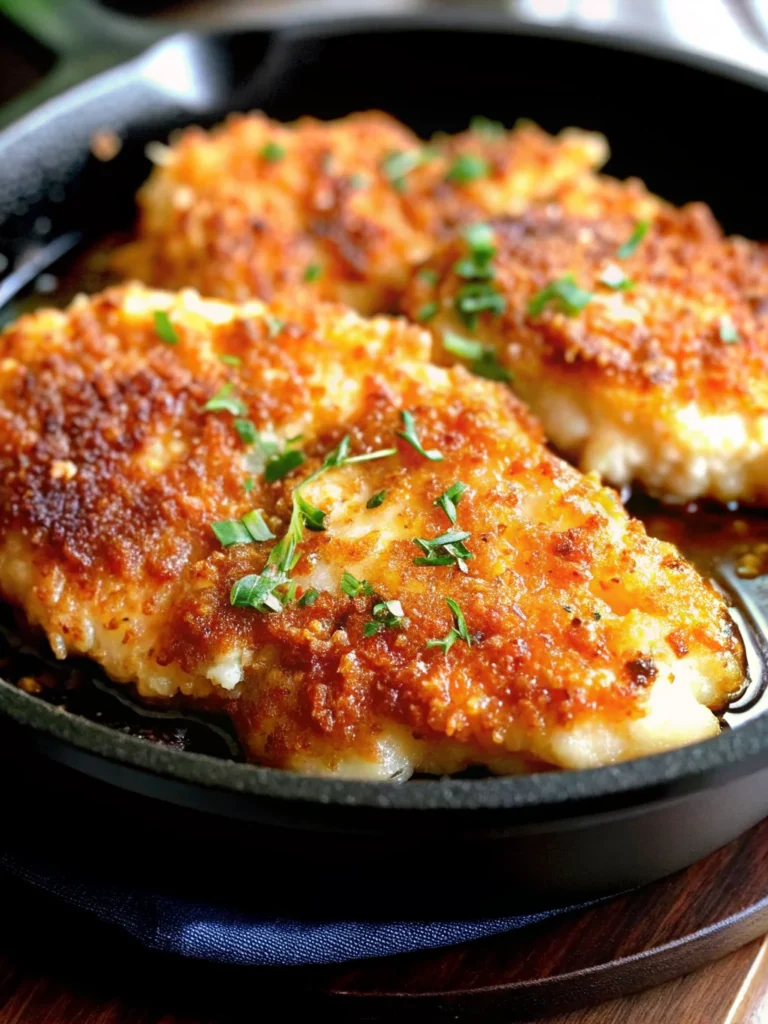 Golden crispy air fryer Parmesan crusted chicken breasts with melted cheese coating on white plate, garnished with fresh herbs, showing juicy interior when sliced