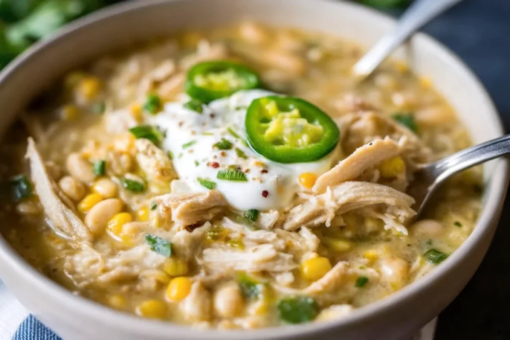 Creamy white chicken chili crockpot recipe served in rustic bowl with toppings including avocado, cheese, and lime wedges