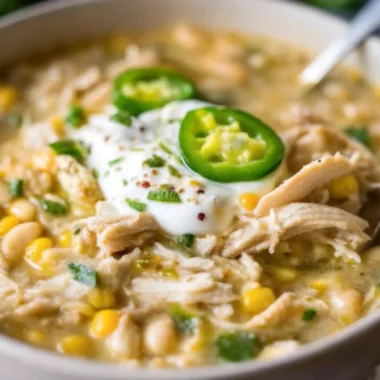 Creamy white chicken chili crockpot recipe served in rustic bowl with toppings including avocado, cheese, and lime wedges