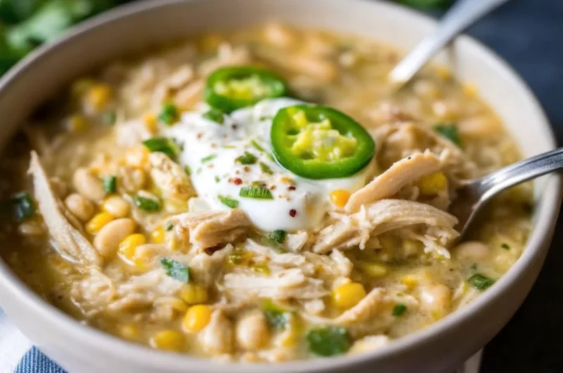 Creamy white chicken chili crockpot recipe served in rustic bowl with toppings including avocado, cheese, and lime wedges