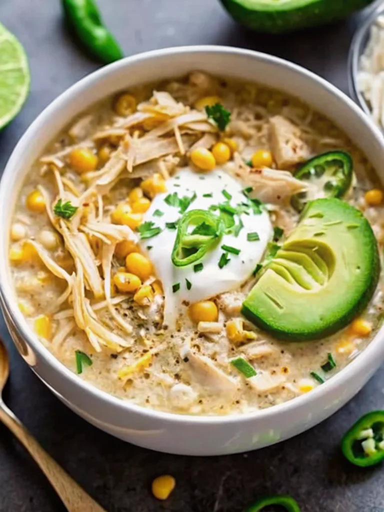 Creamy white chicken chili crockpot recipe served in rustic bowl with toppings including avocado, cheese, and lime wedges