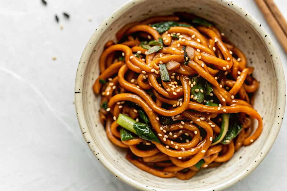 Quick and easy yaki udon stir fry noodles with shiitake mushrooms and bok choy in savory sauce