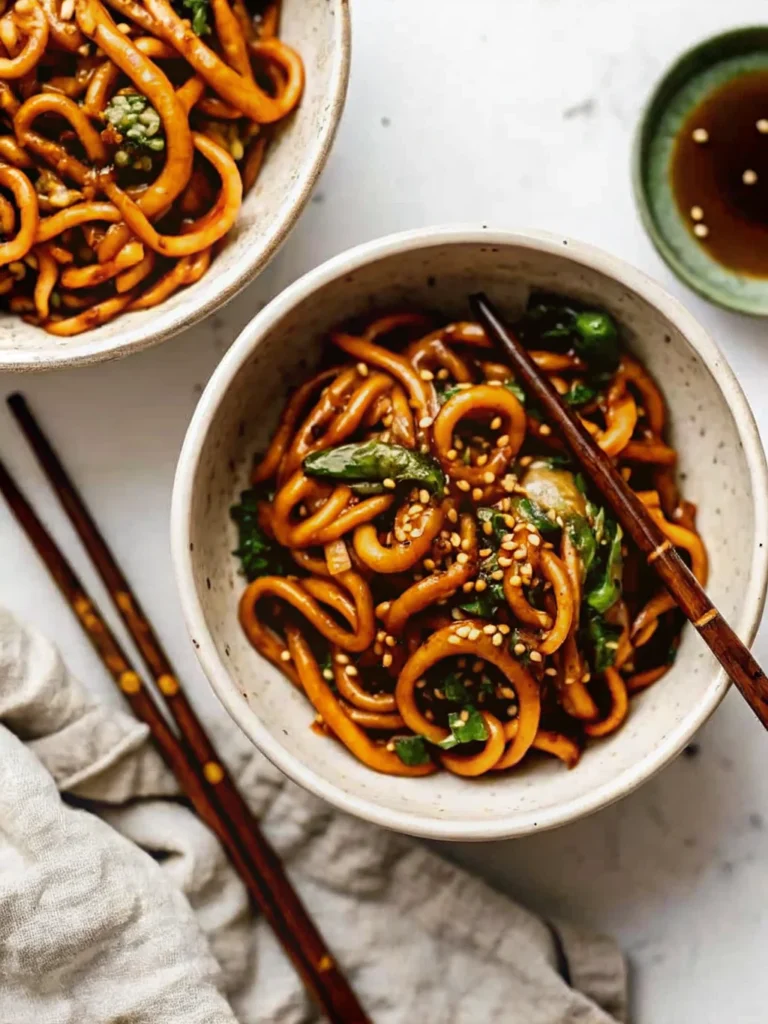 Quick and easy yaki udon stir fry noodles with shiitake mushrooms and bok choy in savory sauce