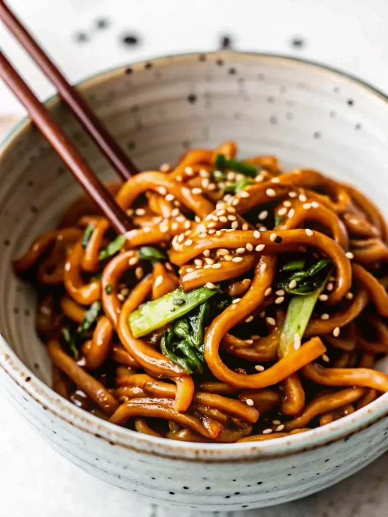 Quick and easy yaki udon stir fry noodles with shiitake mushrooms and bok choy in savory sauce