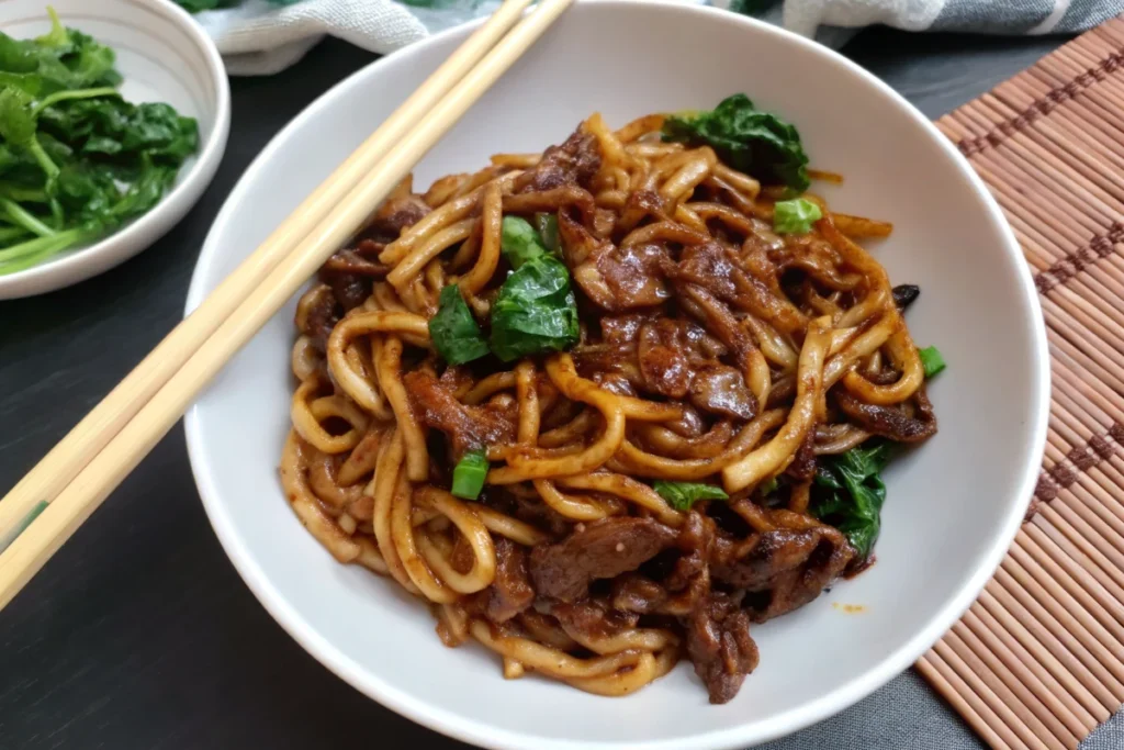 Simple Black Pepper Beef Udon noodles with tender marinated beef and crisp vegetables in glossy black pepper sauce