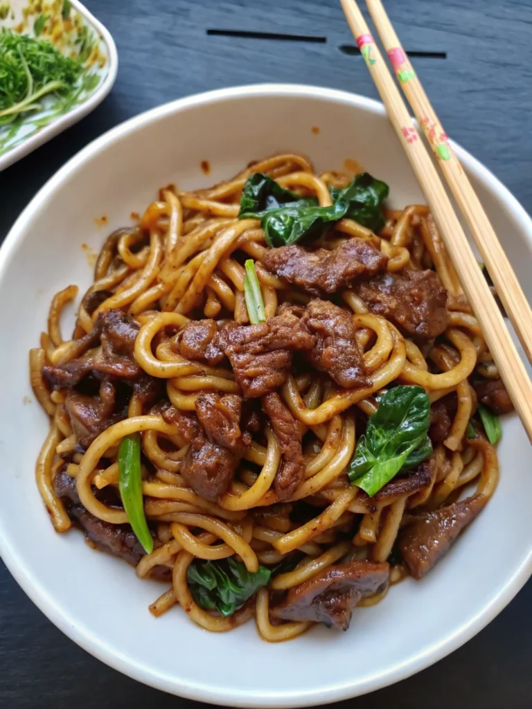 Simple Black Pepper Beef Udon noodles with tender marinated beef and crisp vegetables in glossy black pepper sauce