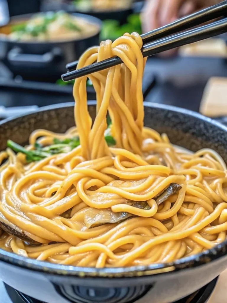 Creamy miso udon noodles in white bowl with coconut milk sauce, garnished with green onions, showing thick wheat udon noodles coated in rich golden miso broth