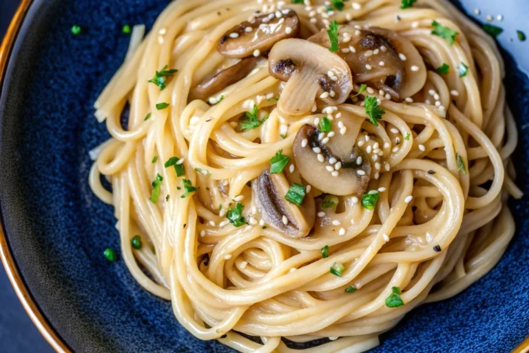 Creamy miso udon noodles in white bowl with coconut milk sauce, garnished with green onions, showing thick wheat udon noodles coated in rich golden miso broth