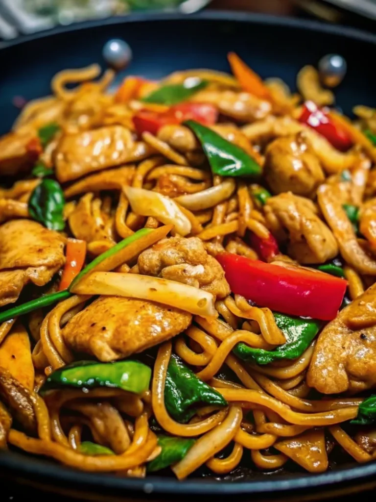 Savory chicken udon stir fry with thick Japanese noodles, tender chicken pieces, colorful bell peppers, and bok choy in a glossy brown sauce, garnished with sesame seeds and green onions