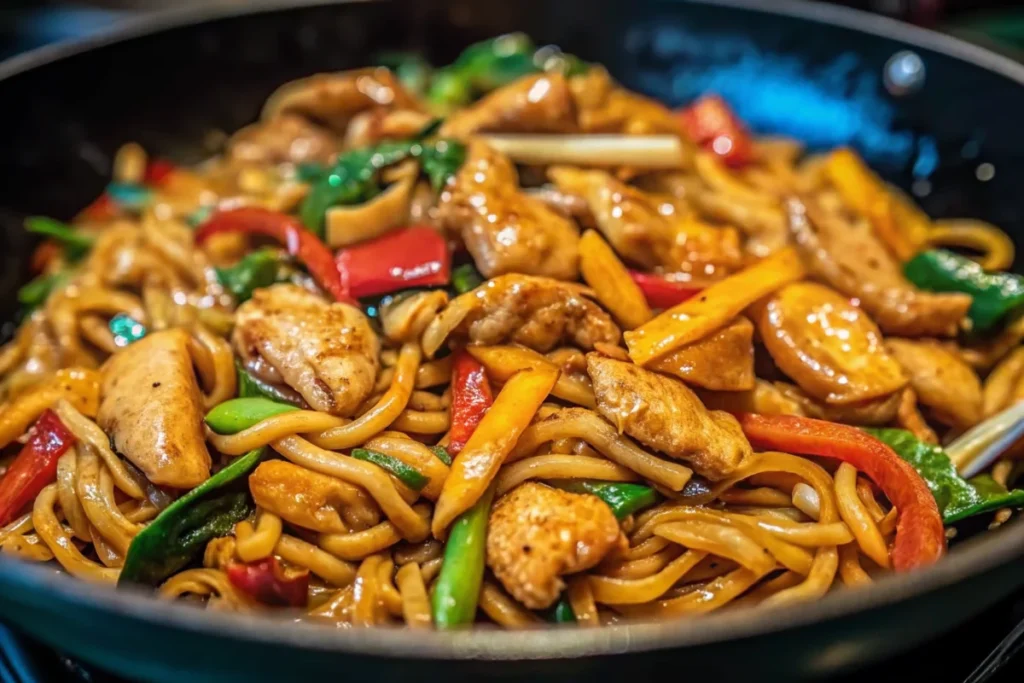 Savory chicken udon stir fry with thick Japanese noodles, tender chicken pieces, colorful bell peppers, and bok choy in a glossy brown sauce, garnished with sesame seeds and green onions