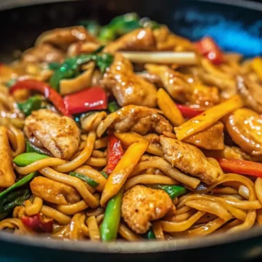 Savory chicken udon stir fry with thick Japanese noodles, tender chicken pieces, colorful bell peppers, and bok choy in a glossy brown sauce, garnished with sesame seeds and green onions