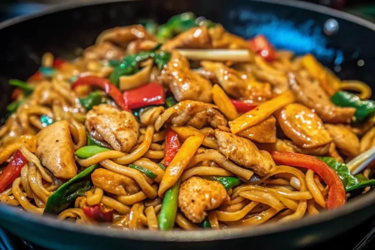 Savory chicken udon stir fry with thick Japanese noodles, tender chicken pieces, colorful bell peppers, and bok choy in a glossy brown sauce, garnished with sesame seeds and green onions