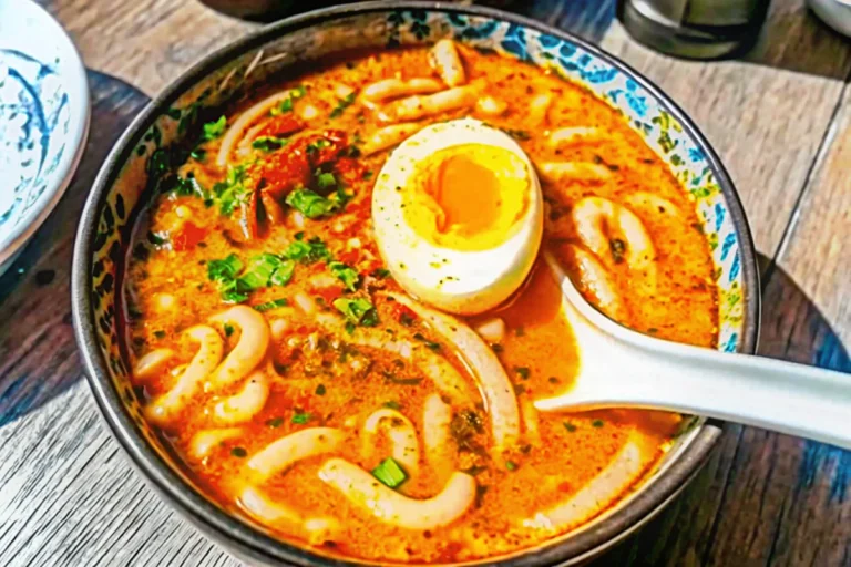 Steaming bowl of spicy peanut udon noodle soup with thick white udon noodles in creamy peanut broth, topped with soft-boiled egg, green onions, and sesame seeds