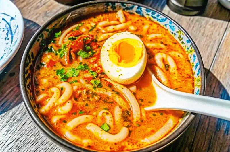 Steaming bowl of spicy peanut udon noodle soup with thick white udon noodles in creamy peanut broth, topped with soft-boiled egg, green onions, and sesame seeds