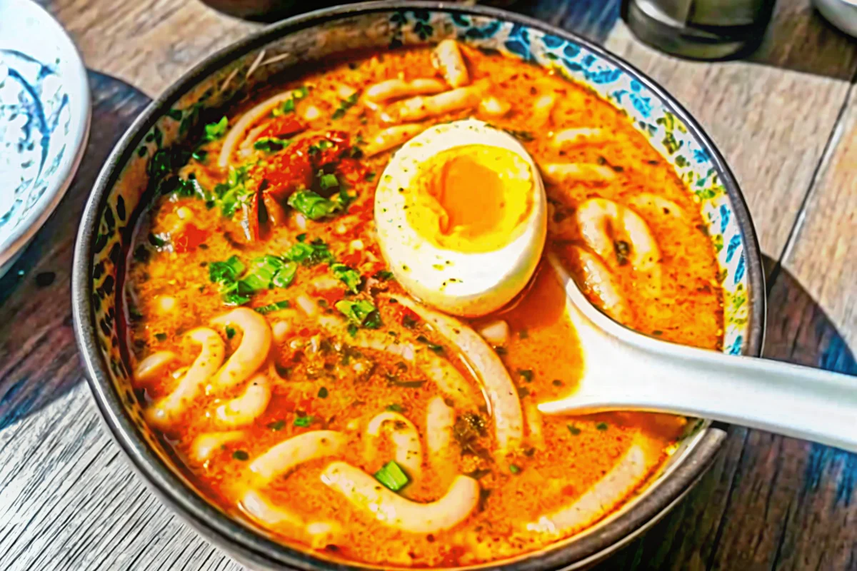 Steaming bowl of spicy peanut udon noodle soup with thick white udon noodles in creamy peanut broth, topped with soft-boiled egg, green onions, and sesame seeds