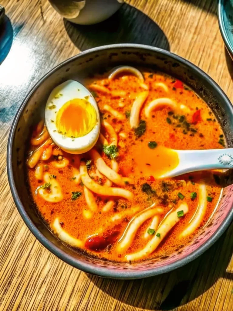 Steaming bowl of spicy peanut udon noodle soup with thick white udon noodles in creamy peanut broth, topped with soft-boiled egg, green onions, and sesame seeds