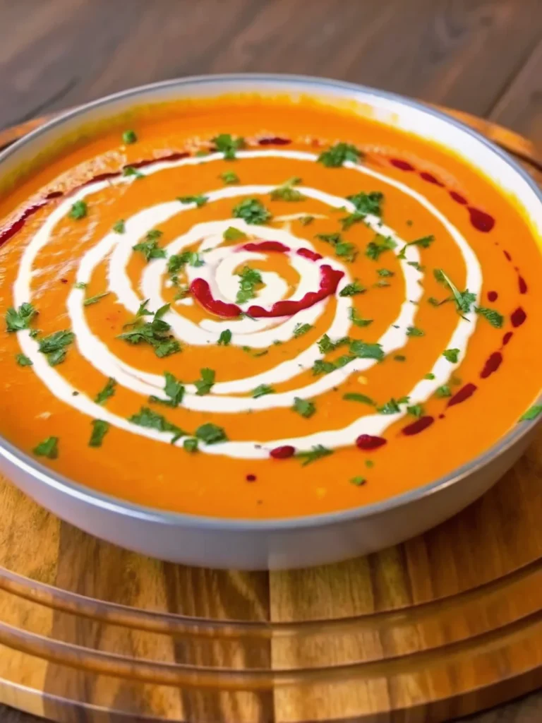 Creamy roasted butternut squash soup garnished with fresh cilantro and coconut milk swirl in white bowl
