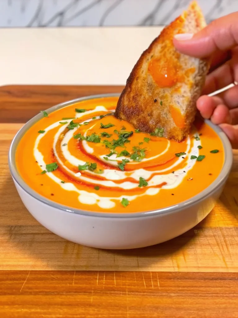 Creamy roasted butternut squash soup garnished with fresh cilantro and coconut milk swirl in white bowl