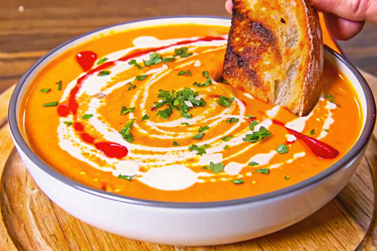 Creamy roasted butternut squash soup garnished with fresh cilantro and coconut milk swirl in white bowl