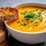 Creamy roasted butternut squash soup with roasted garlic served in white bowls, garnished with fresh parsley and cream drizzle, surrounded by roasted butternut squash cubes and whole garlic bulbs on rustic wooden background