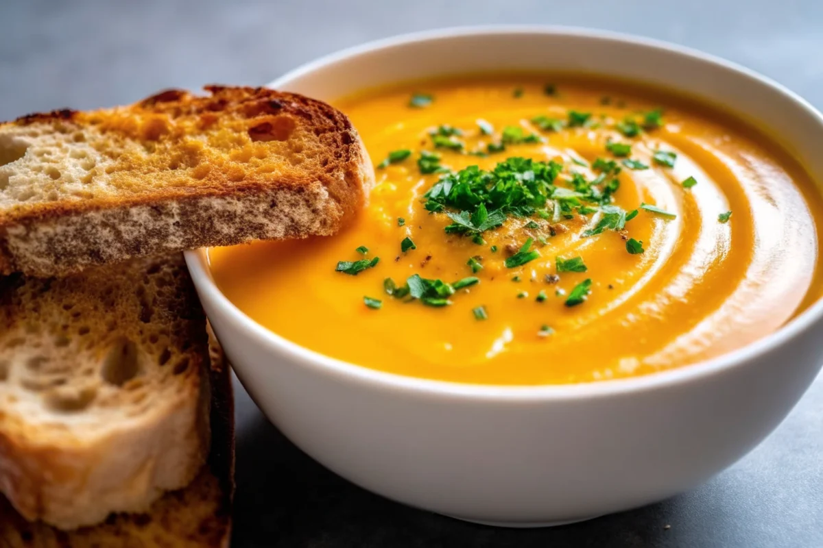 Creamy roasted butternut squash soup with roasted garlic served in white bowls, garnished with fresh parsley and cream drizzle, surrounded by roasted butternut squash cubes and whole garlic bulbs on rustic wooden background