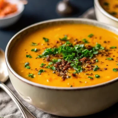 Creamy roasted butternut squash soup with roasted garlic served in white bowls, garnished with fresh parsley and cream drizzle, surrounded by roasted butternut squash cubes and whole garlic bulbs on rustic wooden background