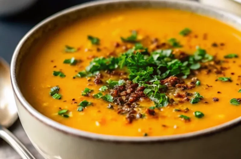 Creamy roasted butternut squash soup with roasted garlic served in white bowls, garnished with fresh parsley and cream drizzle, surrounded by roasted butternut squash cubes and whole garlic bulbs on rustic wooden background