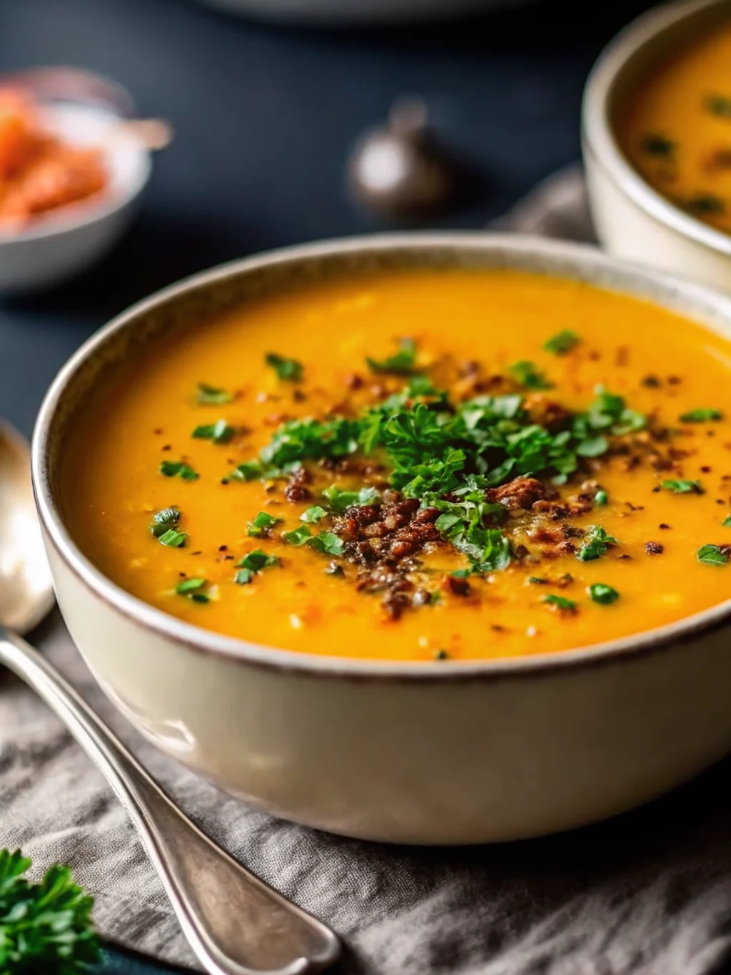 Creamy roasted butternut squash soup with roasted garlic served in white bowls, garnished with fresh parsley and cream drizzle, surrounded by roasted butternut squash cubes and whole garlic bulbs on rustic wooden background