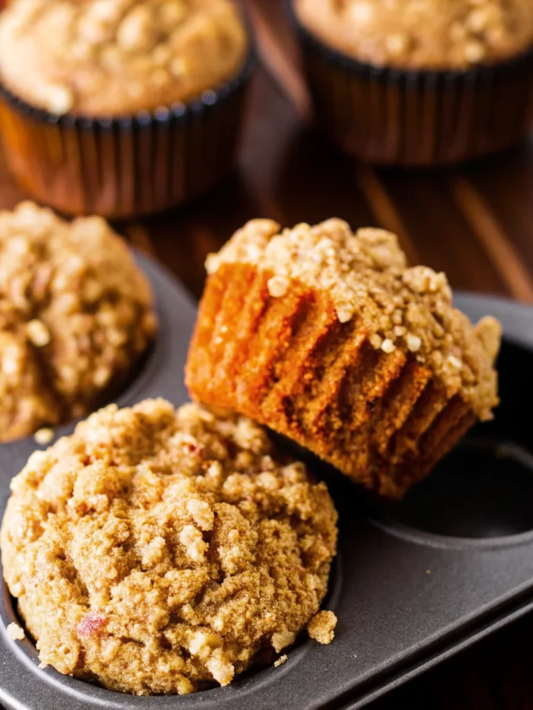 Freshly baked pumpkin muffins with golden apple streusel topping cooling on wire rack, perfect fall breakfast treat