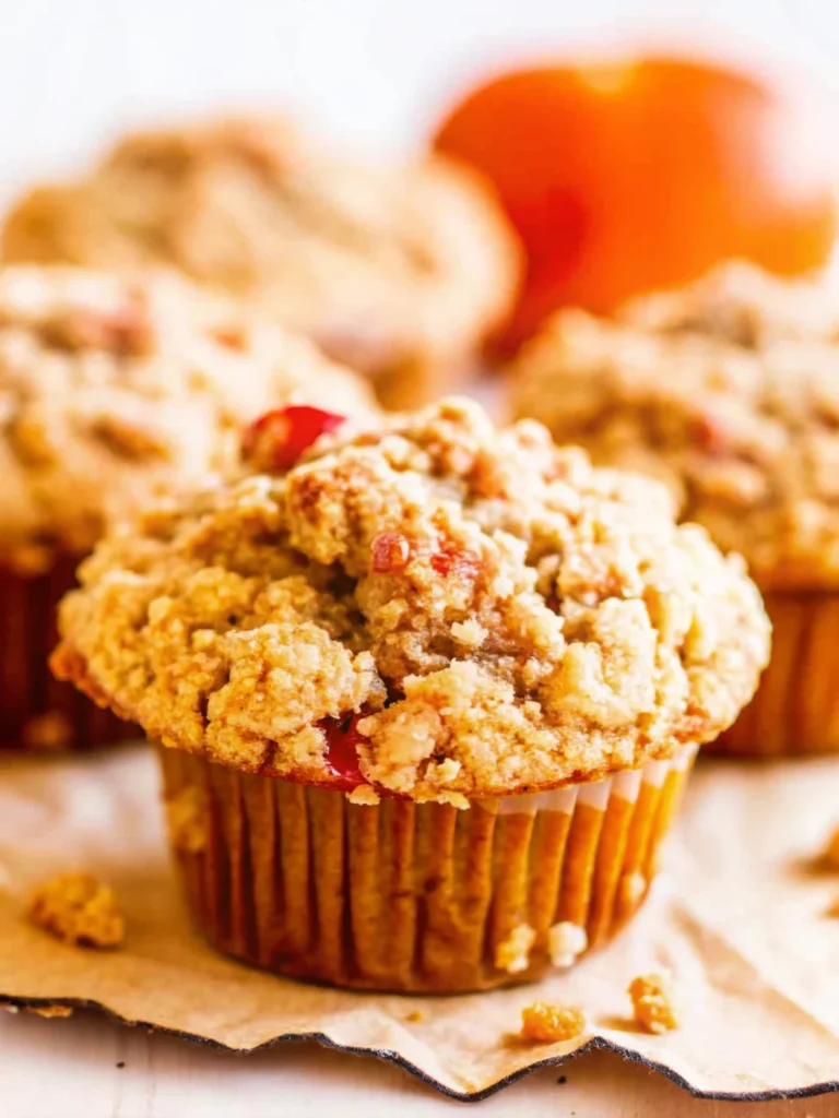 Freshly baked pumpkin muffins with golden apple streusel topping cooling on wire rack, perfect fall breakfast treat