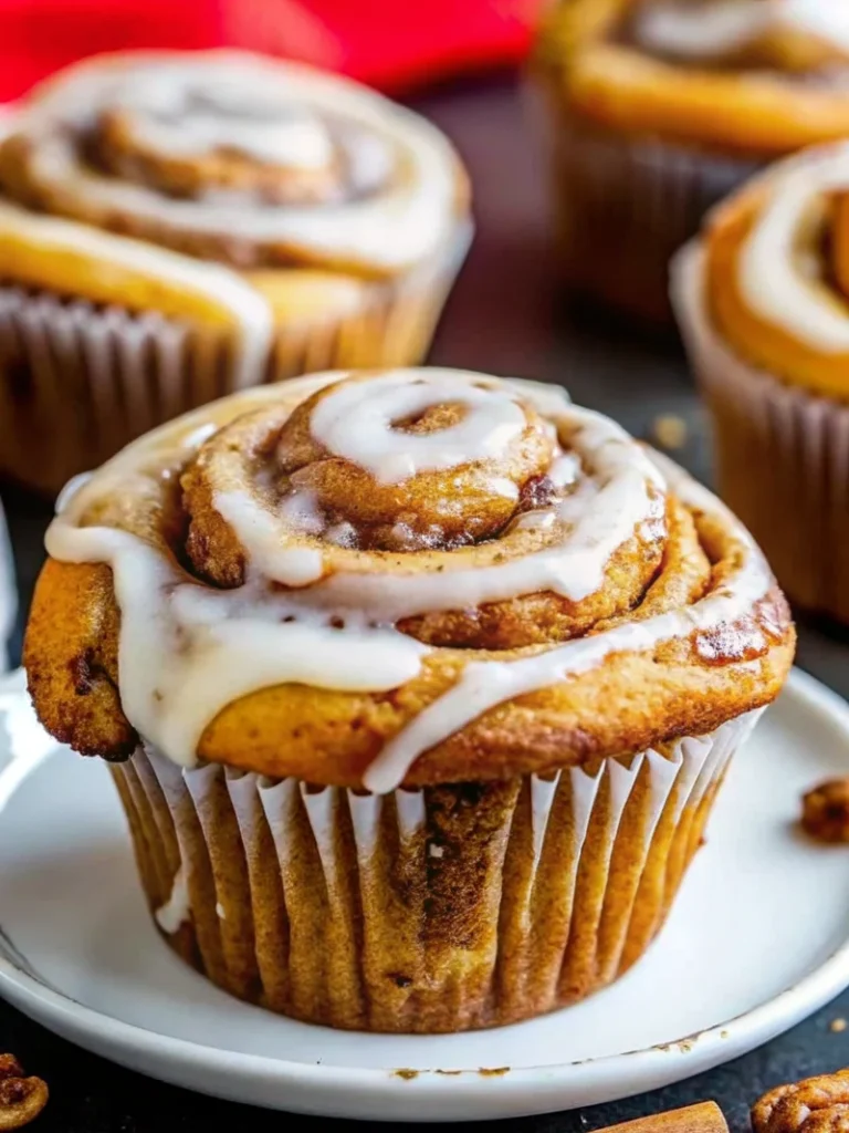 Golden brown pumpkin cinnamon roll muffins with cream cheese glaze drizzled on top, showing beautiful cinnamon swirl patterns throughout the fluffy muffin texture